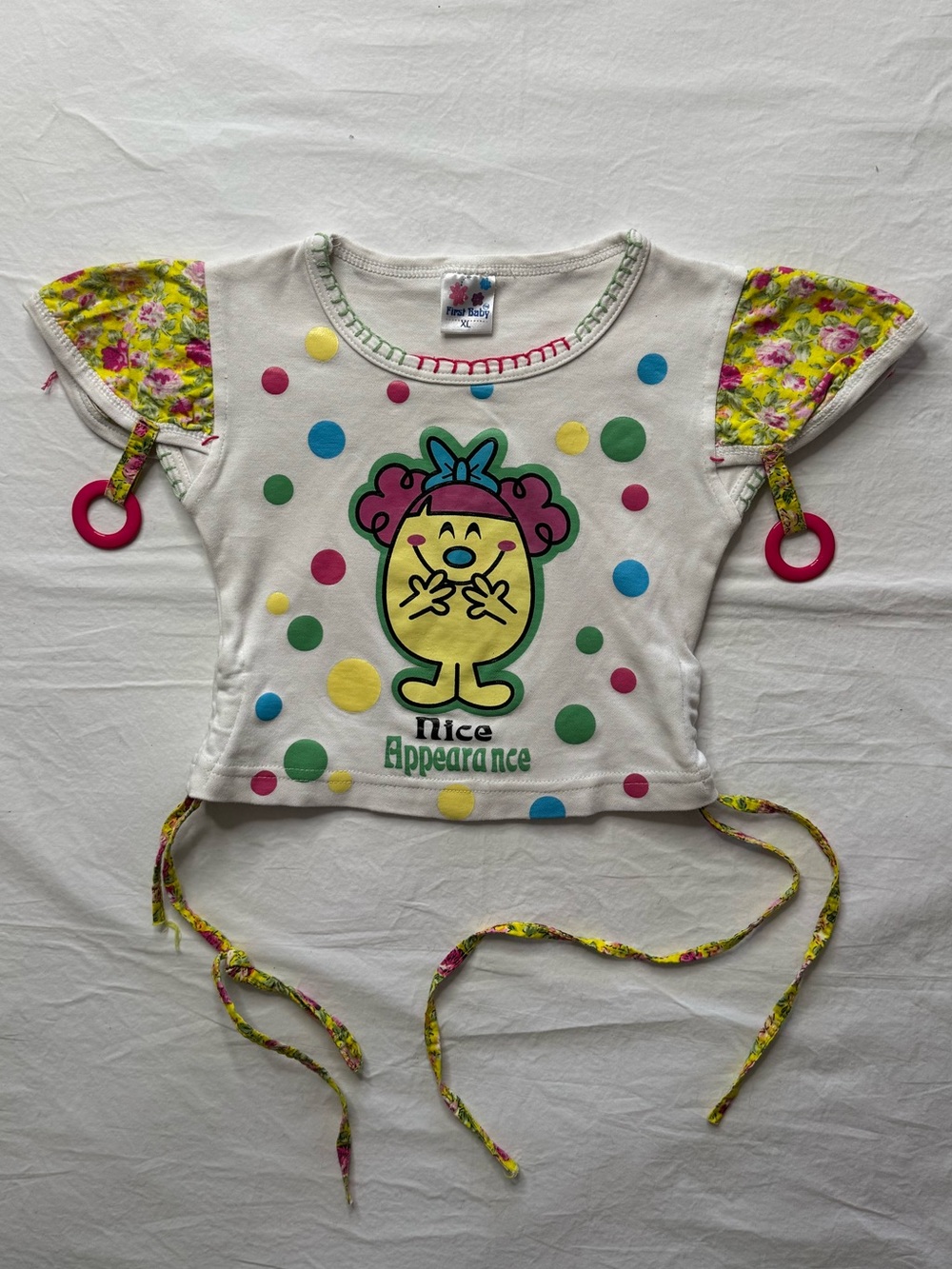 First baby - Vintage White Graphic Tee with Colorful Polka Dots & Floral Trim